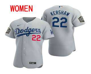 Women Los Angeles Dodgers 22 Clayton Kershaw Gray 2020 World Series Authentic Flex Nike Jersey